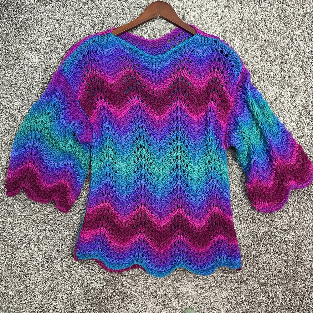 Handmade Striped Sweater Sz L Hand Knit Crochet Boho Granny Retro Hippie Trippy